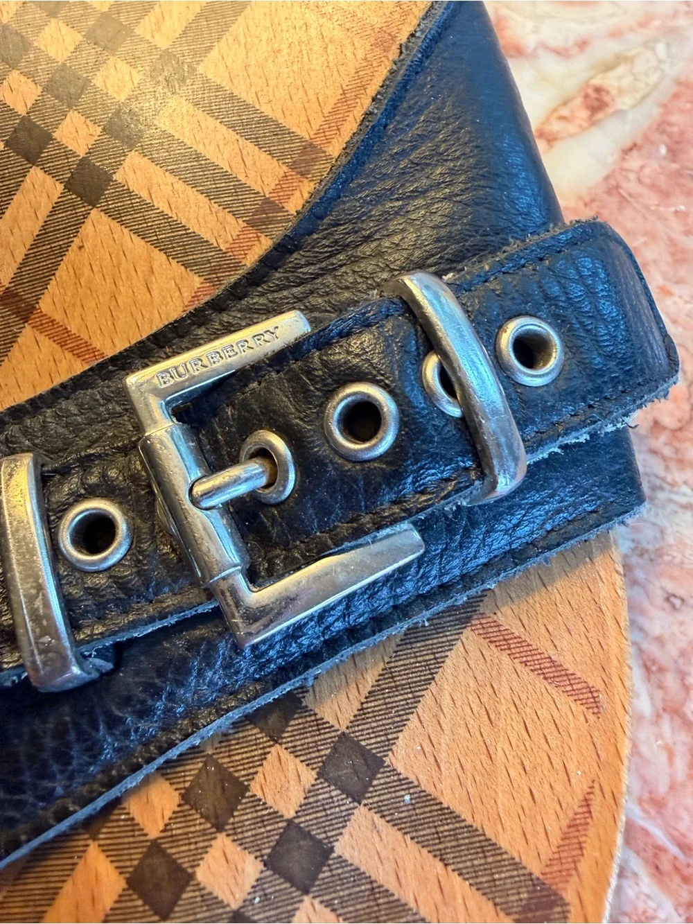 Burberry Black Leather Buckle Plaid Insole Slide Sandals - Picture 2 of 7